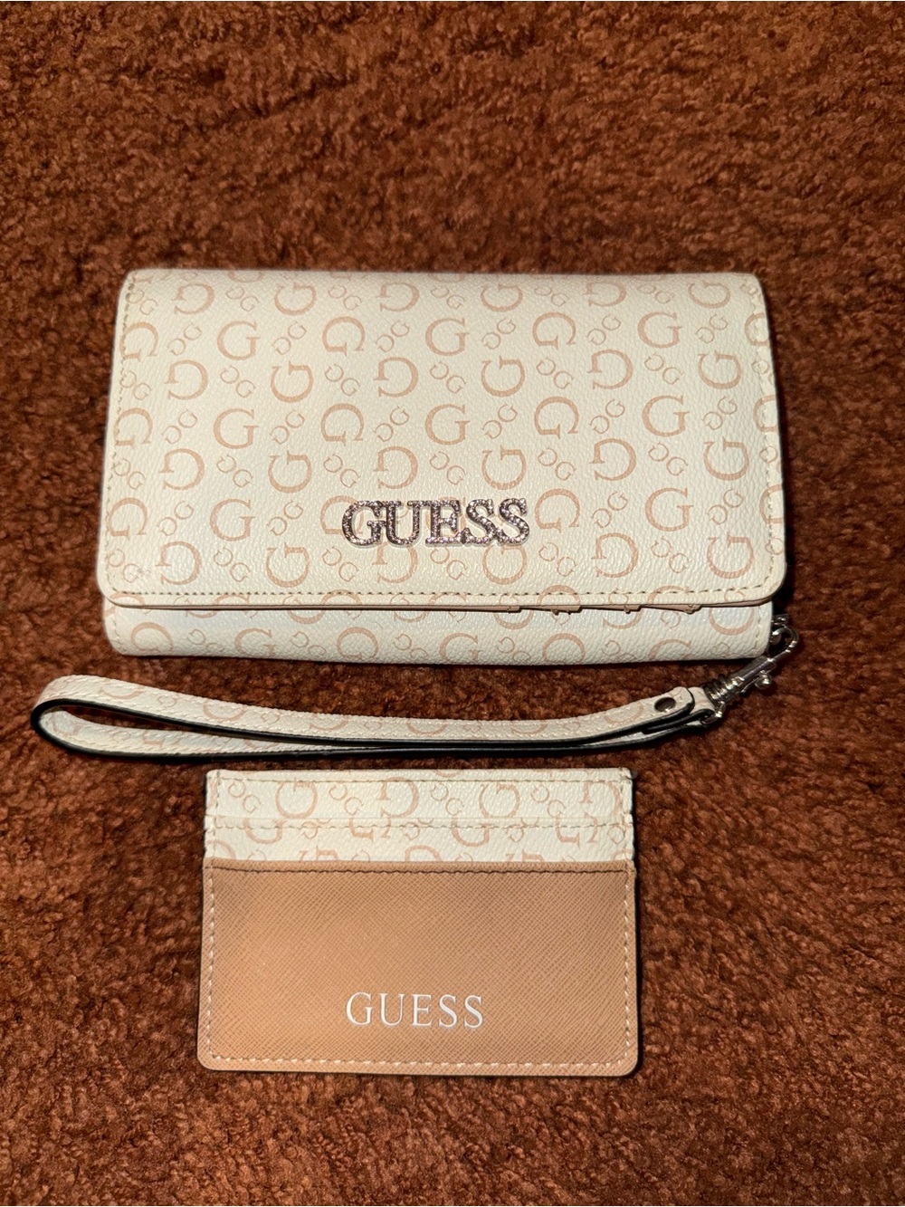 GUESS Cream and Tan Monogram Wristlet with Card Holder